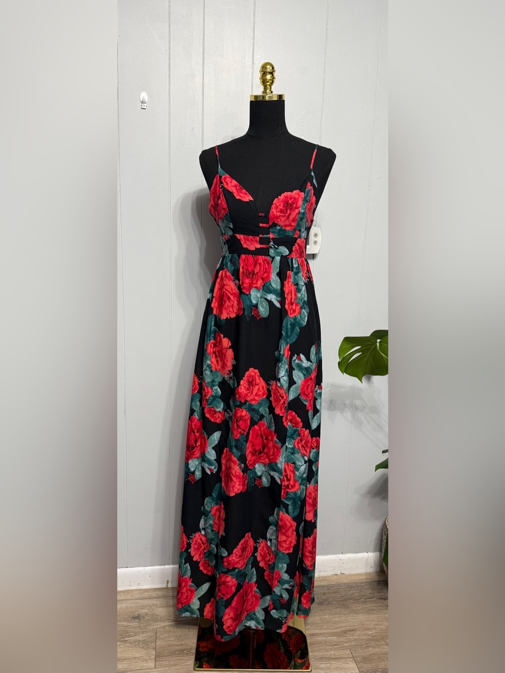 Aakaa Black Maxi  Open Back Dress with Red Floral Print